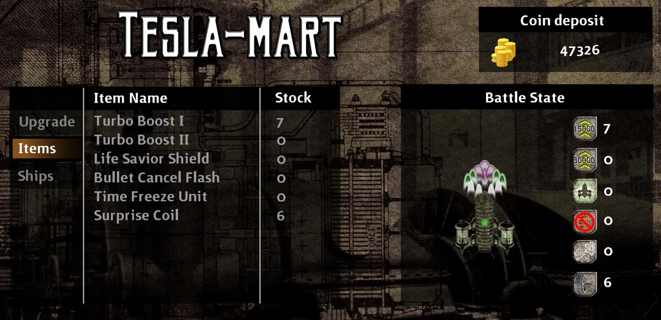 Teslamart shop screenshot — spend coins on upgrades and items